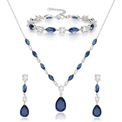 Teardrop Marquise Cubic Zirconia Wedding Prom Jewelry Set for Women Bridal | Silver/Gold/Rose Gold Plated, Pear Cut Pendant Necklace Drop Earrings Link Bracelet, for Bride Bridesmaid, for Banquet Party - style: B_Three Set, Blue Silver-Tone (Teardrop)