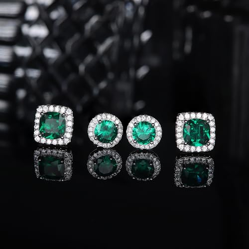 18K Gold Plated Halo Stud Earrings 925 Sterling Silver Cubic Zirconia Stud Earrings Round Square Diamonique Stud Earrings Set for Women Men - color: Silver&Green