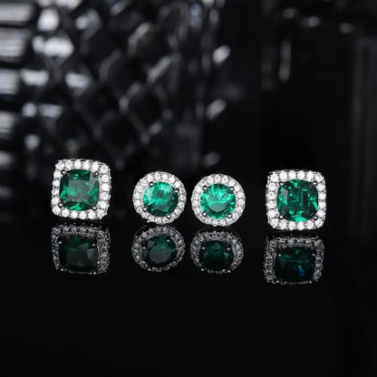18K Gold Plated Halo Stud Earrings 925 Sterling Silver Cubic Zirconia Stud Earrings Round Square Diamonique Stud Earrings Set for Women Men - color: Silver&Green