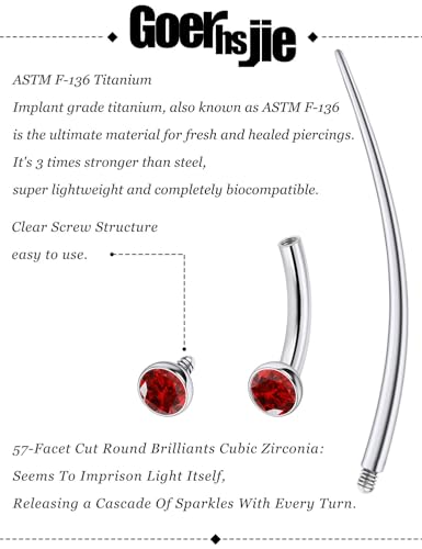 F136 Titanium 16g 6/8/10mm Eyebrow/Rook/Snug/Vertical-Labret/VCH/Snake-Eyes/Anti-Tragus/Christina/Daith/Belly-Button/Bridge/Hood/Surface Curved Barbell Piercing Jewelry for Women Men - color: Red, size: 6 mm (1/4 in)