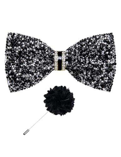 DiBanGu Mens Rhinestone Bow Tie with Ring and Lapel Pin Set | Adjustable Strap,Pre-tied Style,3PCS,Sequin Diamond Bowties，Solid/Mix Color,Shiny Accessory,for Party Prom Banquet Wedding - color: Black Silver