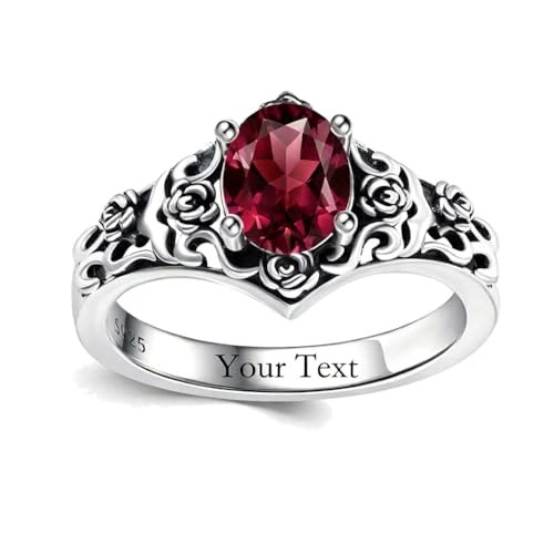 1 CT Oval Cut Gemstone Vintage Filigree Ring 925 Sterling Silver Retro Rose Teardrop Birthstone Statement Ring Anniversary Jewelry Gifts for Women Ring Size 4-13 - color: Jan-Garnet Red