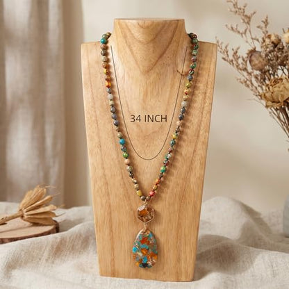 Gmai Boho Necklace for Women Long Beaded Pendant Necklace Natural Stone Teardrop pendant Jewelry Festival Vacation Gift Everyday Handmade Unique Statement Necklace - color: orange