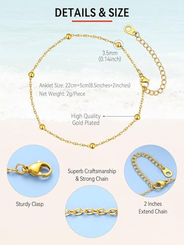 FaithHeart Waterproof Ankle Bracelets for Women, 1/2/3Pcs Non Tarnish Stainless Steel Layered Anklet Set Paperclip Figaro Cuban Link Chain Dainty Summer Beach Jewelry Gift Adjustable Size - style: a.Bead - Gold
