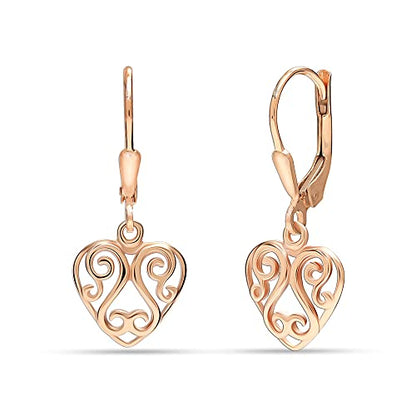 LeCalla 925 Sterling Silver Leverback Drop Earrings | Lightweight Italian Teardrop Dangle Earring for Women - color: Heart Filigree