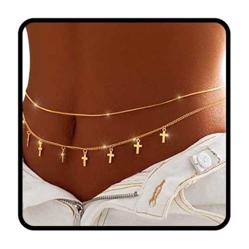 Tgirls Gold Waist Chain for Women Rhinestone Layered Belly Chains Beads Body Chain Heart-Shaped Beach Body Jewelry for Summer - style: Cross