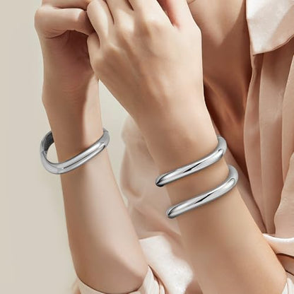 Emibele Gold Bangles for Women, 2PCS Irregular Chunky Gold Bracelet Hinged Open Bangle Bracelets for Women, Fashion Wide Arm Cuff Minimalist Chunky Jewelry Gifts for Valentine Christmas Birthday - style: H Silver
