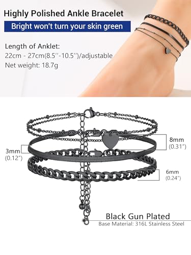 PROSTEEL Trendy Handcuffs Design/Customize Words Ankle Bracelet For Women, 316L Stainless Steel Anklets Silver/Gold/Black Tone, Hypoallergenic, Come with Box - style: 07.3 Layered-Cuban&Herringbone&Heart-Black