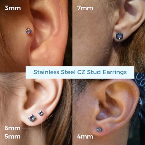 5 Pairs Stud Earrings for Women, Hypoallergenic Cubic Zirconia Silver Black 316L Surgical Stainless Steel Rainbow CZ Earrings Set 3-7mm - color: 5 Pairs Black+Rainbow CZ
