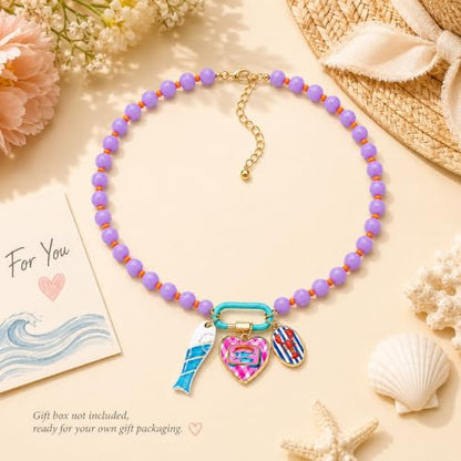 LIU JUN Colorful Beaded Necklace for Women, Chunky Boho Fish Starfish Conch Pendant Acrylic Bead Necklaces Cute Y2K Summer Beach Jewelry Gifts - color: Love+Fish