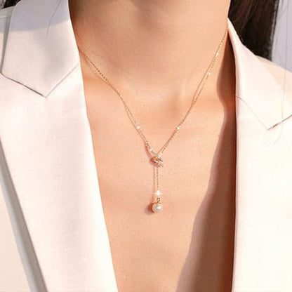 925 Sterling Silver Lariat Necklace for Women | Long 14K Gold Plated Y-Shaped Pearl Necklace CZ Crystal Ball Sparkle Necklace for Mother Daughter Bride Wedding Jewelry - color: Style 1-Gold
