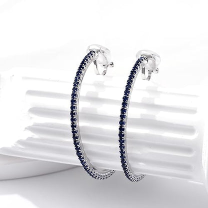 YOQUCOL 4.3CM(1.7in) Clip On Hoop Earrings Cubic Zirconia Non Pierced Ears Hoops for Women - color: Silver-Blue