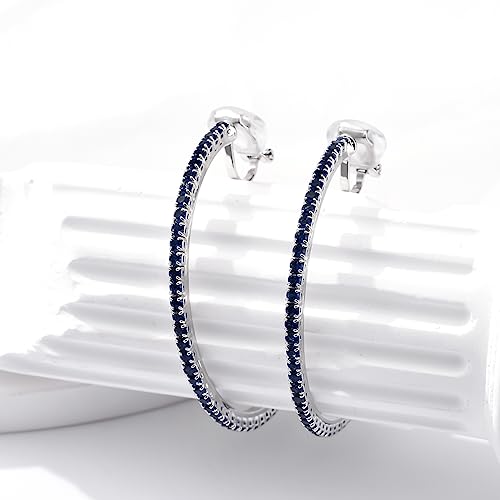 YOQUCOL 4.3CM(1.7in) Clip On Hoop Earrings Cubic Zirconia Non Pierced Ears Hoops for Women - color: Silver-Blue