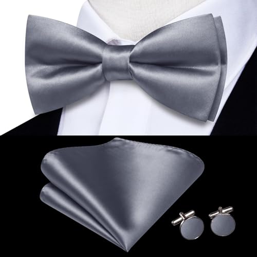 Hi-Tie 5Pcs Mens Solid Color Silk Tie Satin Pretied Bowtie Lapel Pin for Men Handkerchief Cufflink Wedding Gift Box - color: Grey