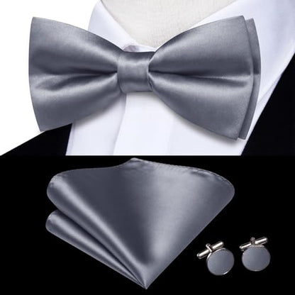 Hi-Tie 5Pcs Mens Solid Color Silk Tie Satin Pretied Bowtie Lapel Pin for Men Handkerchief Cufflink Wedding Gift Box - color: Grey