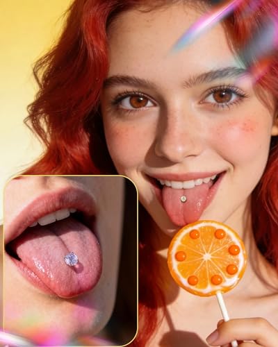 G23 Solid Titanium Tongue Ring Barbell 14G Firework CZ Bar Tongue Rings Surgical Steel Toungue Piercing - color: Yellow