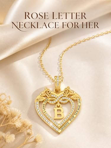 14K Gold Initial Letter Rose Heart Pendant Necklace for Women, Anniversary Birthday Jewelry Gifts for Wife Mom Grandma Sister Daughter, I Love You for Always And Forever - style: 14K Gold-B