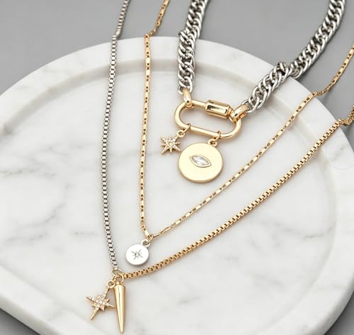 Gold Layered Necklaces for Women,Tone Mixed Metal Chunky Necklace | Paperclip Chain Silver Coin Pendant,Trendy Statement Jewelry Gift