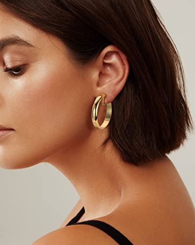WOWORAMA Chunky Gold Hoop Clip On Earrings for Women | Large Chunky Hoops Clips Earrings, Polished Gold-Plated Clip-On Hoops, Statement Non Pierced Jewelry - color: 30mm Flat Hoops