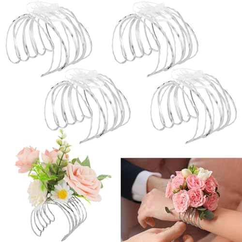 Hotop 4 Set Hammered Textured Silver Corsage Wrist Bracelet Bands Bride Bracelet Adjustable Wrist Corsage DIY Wedding Wristband Accessory for Bridal Party Prom - color: Silver, style: Hammered Textured