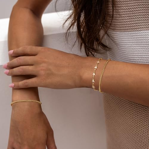 Gold Chain Bracelet for Women, 14K Gold Plated | Dainty Bracelets with Adjustable Chain, Trendy Jewelry Gift for Women - style: layer-star wave
