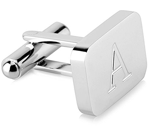 18K White-Gold Plated Initial Engraved Stainless Steel Men’s Cufflinks With Gift Box -Personalized Alphabet Letter’s A-Z By Lux & Pair - style: A- White Gold