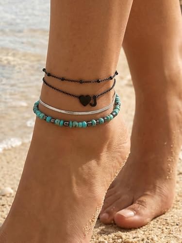 Ankle Bracelets for Women Waterproof 14K Gold/Silver/Black Initial Anklet for Women Dainty Layered Heart Ankle Bracelets Stainless Steel Adjustable Foot Chain Anklet Summer Beach Jewelry - color: Q-Black