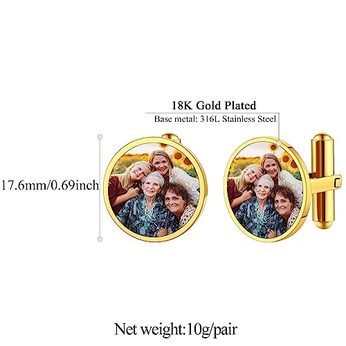 FindChic Stainless Steel Round Cufflinks with Custom Text/Picture/Monogram Letters 18K Gold Plated/Black Color for Men Groom Suits Shirts, with Gift Box - style: 02. custom photo-round (gold plated)