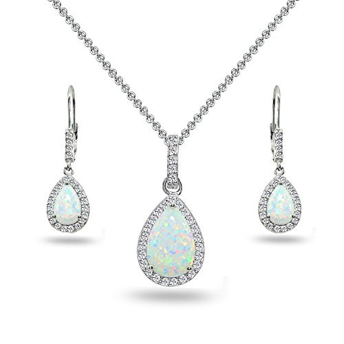Jewelry Sets for Women, Necklace and Earring Sets for Women, Birthstone Jewelry, Genuine or Synthetic Gemstones, Teardrop Necklace and Dangle Earrings, Pendant Necklace, Sterling Silver Jewelry - color: Synthetic White Opal