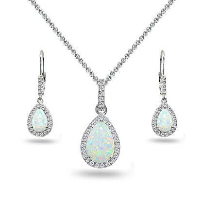 Jewelry Sets for Women, Necklace and Earring Sets for Women, Birthstone Jewelry, Genuine or Synthetic Gemstones, Teardrop Necklace and Dangle Earrings, Pendant Necklace, Sterling Silver Jewelry - color: Synthetic White Opal