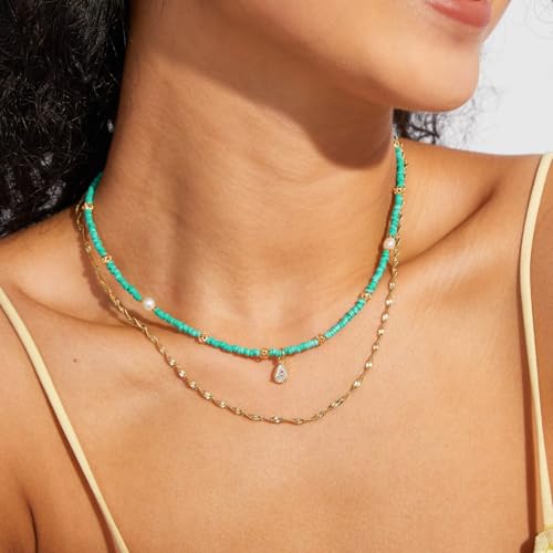 KissYan Beaded Choker Necklace for Women, Colorful Natural Gemstones Pearl Choker 14K Gold Plated Pendant Healing Crystal Necklace Handmade Stone Jewelry Gift | 14K Gold Plated Pendant Necklaces, Natural Gemstones Pearl Choker, Healing Crystal Chain, Hand