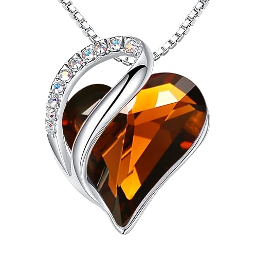 Leafael Gift Necklaces for Women, Infinity Love Birthstone Heart Crystal Pendant, Birthday Anniversary Jewelry for Wife, Mom, and Her, Silver Plated, 18" + 2" Adjustable Chain - color: 15-Stress Relief-Dark Topaz Brown