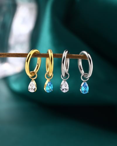 COCHARM Titanium Clicker Hoop Belly Button Ring, 8mm 14G Teardrop Belly Navel Ring, Dangling Hoop Belly Piercing Jewelry Nickel Free - color: Gold-Blue CZ