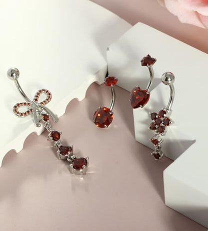 Suotarn 14G Belly Button ring Dangle Belly Rings Surgical Stainless Steel Cute Bow Butterfly Heart Flower Dangling Belly Button Piercing Jewelry For Women Silver Dainty Dangly Navel Ring - color: red