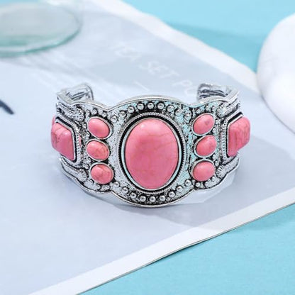NEWITIN 4 Pieces Silver Bohemian Jewelry Set for Women Fashion Costume Jewels Turquoise Necklace Bracelet Earrings Western Turquoise Jewelry Set for Women - color: Pink Turquoise