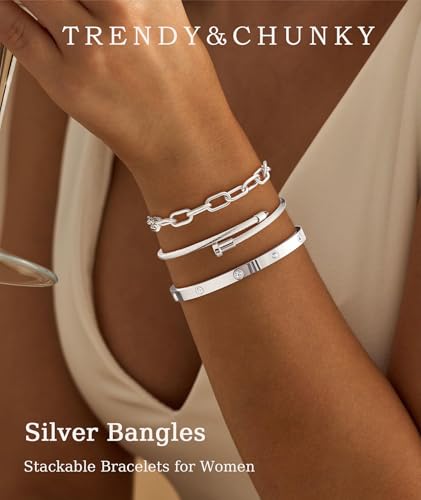 ZOERAY Silver Gold Bangle Bracelets for Women Non Tarnish 14k Gold Plated Stackable Cuff Bracelets for Women Trendy Cubic Zirconia Stainless Steel Chunky Bracelet Stack Set Waterproof Jewelry Gifts - color: E.Paperclip-Silver
