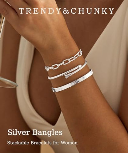 ZOERAY Silver Gold Bangle Bracelets for Women Non Tarnish 14k Gold Plated Stackable Cuff Bracelets for Women Trendy Cubic Zirconia Stainless Steel Chunky Bracelet Stack Set Waterproof Jewelry Gifts - color: E.Paperclip-Silver