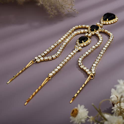 Bohemian Full Gold Rhinestone Chain Black Crystal Head Chain Clip Drop Pendant HeadPieces Forehead Headband Hair Accessories for Wedding Brides Party Prom Costume (Gold Black) - color: Gold Black