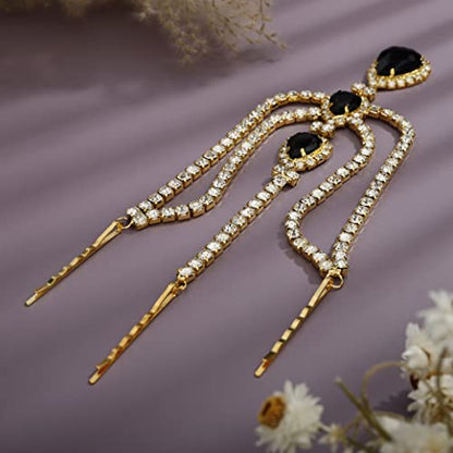Bohemian Full Gold Rhinestone Chain Black Crystal Head Chain Clip Drop Pendant HeadPieces Forehead Headband Hair Accessories for Wedding Brides Party Prom Costume (Gold Black) - color: Gold Black