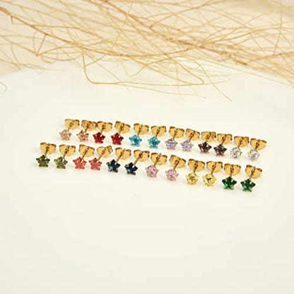 12 Pairs 18K Gold Plated Surgical Stainless Steel Stud Earrings, Star Heart Square Stud Earring for Women, Cubic Zirconia Birthstone Stud Earrings Set - color: Gold star 4mm