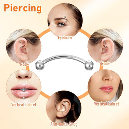12pcs Curved Barbell Piercing Jewelry 16g Eyebrow Rook Piercing Jewelry | with 3mm Balls Stainless Steel Vertical Labret Lip Eyebrow Rings Tragus Helix Belly Lip Ring Body Piercings - color: Silver
