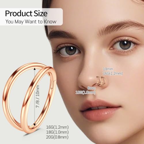 WBRWP 2PC Titanium Double Hoop Nose Rings: 16G/18G/20G Cartilage Earrings Septum Rings Clicker, Hypoallergenic Lightweight Conch Piercing Jewelry Black Gold Silver Rose Gold - color: Rose Gold, size: 16g 8mm