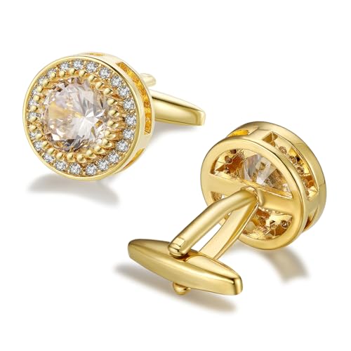 Crystal Cufflinks for Men CZ Cuff Links Sparkle Diamond Gold Ornate Cufflinks for Wedding Groom Best Man - style: Gold