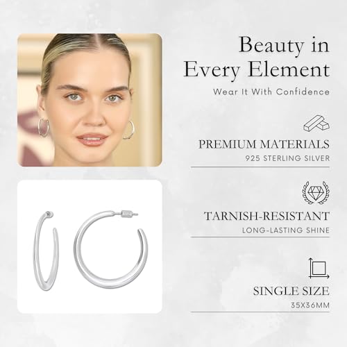 18K Gold Plated Sterling Silver Earrings for Women – Pure & Polished, Twist, Square, Hinged Tube, Abstract & Heart Shape Hoops – Lightweight, Hypoallergenic, Non-Tarnish Jewelry (Sizes: 3x35mm-46x30mm) - color: Silver, size: Polish Hoop (3x35mm)