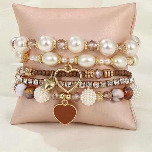 Bohemian Multilayered Faux Pearl Beaded Heart Pendant Crystal Zircon Stackable Multicolor Bracelets Set for Women Handmade Friendship Summer Beach Stretch Bangle Jewelry - color: brown