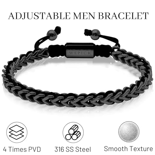 18K Gold-Plated Bracelets for Men Franco Link Chain Adjustable | Stainless Steel Bracelet, Gold Beads Bracelet, Handcrafted Braided, Mens Jewelry Birthday Gift for Men - color: Black