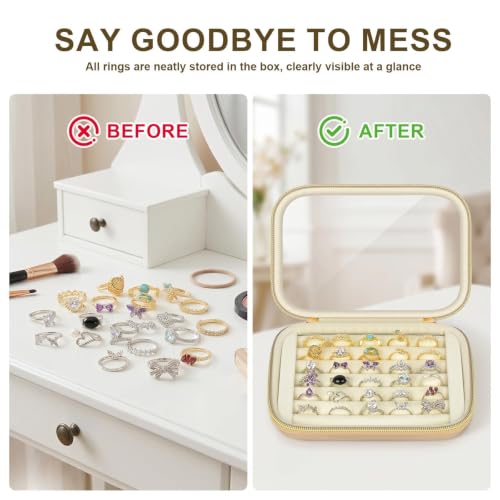 PAIYULE Ring Organizer Box with Clear Top for 30+ Pcs, 6-Row Velvet Display | 6-Row Velvet Insert, Holds 30+ Rings, EVA Hard Shell, Case Only, For Vanity Display & Travel, Rose Gold - color: Rose Glod