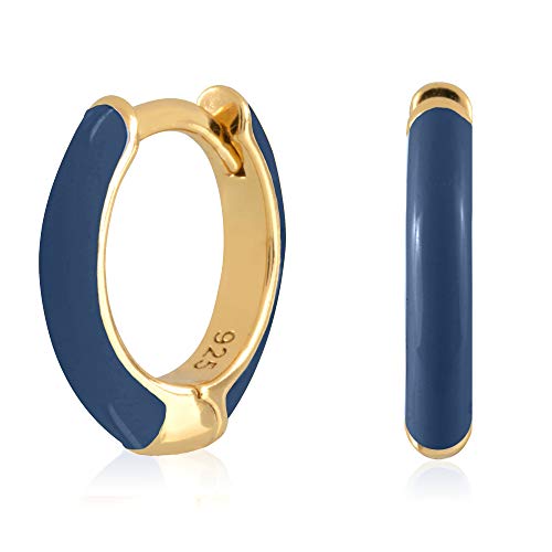 14K Gold Plated Sterling Silver Enamel Color Huggie Hoop Earrings for Women – Wide Range of Vibrant Color Options Available - color: Blue ( Navy )