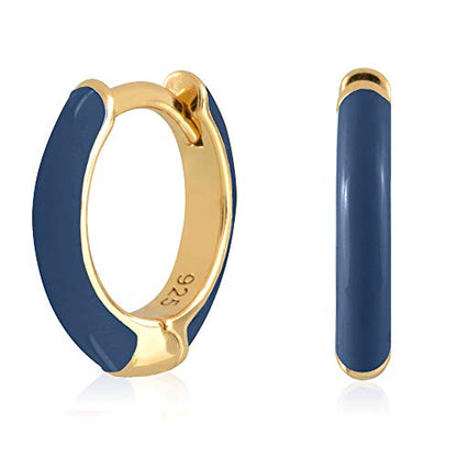 14K Gold Plated Sterling Silver Enamel Color Huggie Hoop Earrings for Women – Wide Range of Vibrant Color Options Available - color: Blue ( Navy )