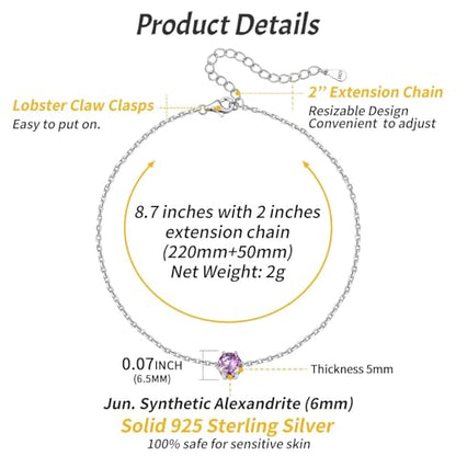 ChicSilver 925 Sterling Silver Anklets for Women, Simple Dainty Round/Heart Birthstone Ankle Bracelet Beach Foot Jewelry, 8.7-10.7 Inch Adjustable - color: 06. Round - June(Alexandrite)